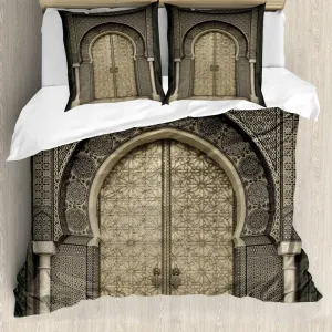 Пододеяльник ABAKUHAUS в марокканском стиле с геометрическим узором "Состаренный ворот", с защитой от клещей, подходит для аллергиков, с наволочками, 155 см x 220 см - 80 x 80 см, цвет "Черный сепия" Abakuhaus