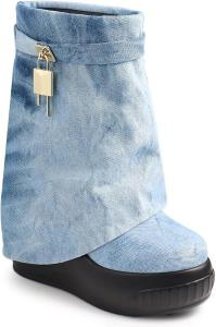 Женские сапоги с закругленным носком, на танкетке, средней длины, с отворотом и без застежки Liliana, Blue Denim