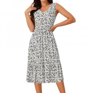 Женские летние пляжные платья в стиле бохо с V-образным вырезом без рукавов и цветочным принтом, струящийся многоуровневый сарафан миди с карманами Seta T, белый