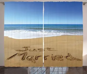 Штора ABAKUHAUS Beach Rustic, Just Married on Sand, универсальная ленточная штора для гостиной с петлями и крючками, 280 x 175 см, коричневый, белый, синий Abakuhaus