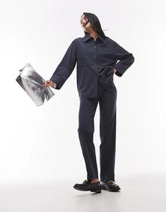 Узкие брюки в тонкую полоску от Mango со складками спереди, темно-синего цвета