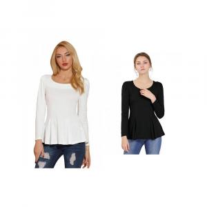 2 упаковки женских повседневных рубашек с баской и длинными рукавами и круглым вырезом, топов ALLEGRA K, цвет Black White