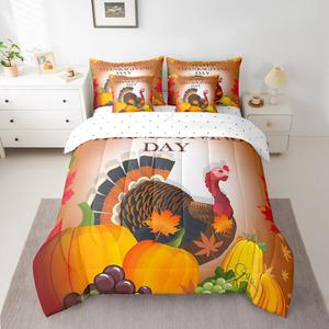 Erosebridal Комплект постельного белья King Turkey с тематикой осеннего урожая, принт кленовых листьев и тыкв, включает покрывало и декоративные накидки, Salmon Orange Brown