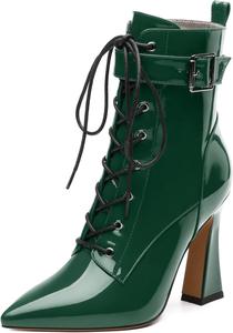 Женские ботильоны на шнуровке с острым носком и высоким каблуком, с боковой молнией, модные однотонные короткие ботинки для женщин RLYGHWAO, Dark Green Patent