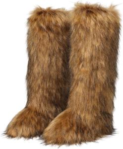 Женские сапоги из искусственного меха с пушистой отделкой, высокие до колена, снежные, с круглым носком, замшевые, удобные, теплые, меховые, на плоской подошве, длинные, зимние, для девочек CryoSnowVale, Long Brown Raccoon Fur