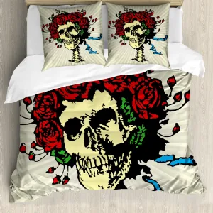 Пододеяльник ABAKUHAUS Rose, с изображением черепа в красной цветочной короне, с защитой от клещей, подходит для аллергиков, с наволочками, 200 x 200 см - 80 x 80 см, бежевый, разноцветный