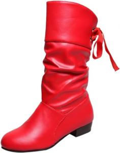 Женские модные сапоги средней длины с толстыми каблуками, круглым носком, шнуровкой, большого размера, подходят для повседневной носки HoaloX, Red