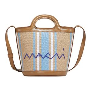 MARNI Тропическая джутовая льняная сумка-ведро через плечо с принтом трубы женская коричневая и разноцветная