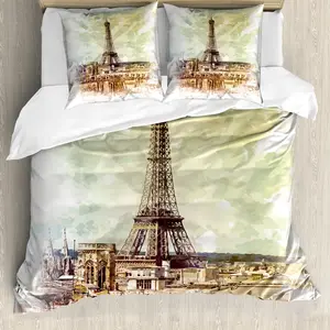Пододеяльник ABAKUHAUS Эйфелева башня, панорама Эйфелевой башни, защита от клещей, подходит для аллергиков, с наволочками, 200 см x 200 см - 80 x 80 см, коричнево-бежевый Abakuhaus