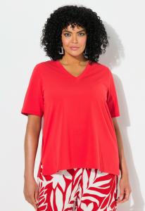 Блуза Ulla Popken POPLIN BACK SHORT SLEEVE V-NECK TEE, Neon Red/Red