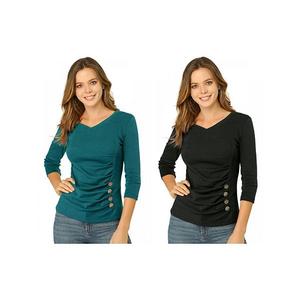 2 упаковки женской блузы с декоративными пуговицами и v-образным вырезом Inspire Chic, Black Blue Green