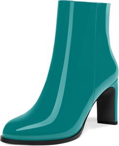 Женские ботильоны с круглым носком из лакированной кожи с молнией, на высоком каблуке 3,3 дюйма DEMOSHINE, Lake Blue