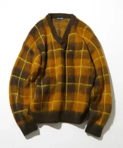 Вязаный пуловер из мохеровой смеси с V-образным вырезом и клетчатым узором, модель 25AW