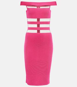 Мини-платье с открытыми плечами и сетчатыми вставками Balmain, Rose Fuchsia
