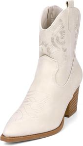 Женские ковбойские ботинки до щиколотки, западные ковбойские ботинки для девушек, заостренный носок, ботильоны на грубом каблуке, вышитый верх, молния, короткие женские ботинки Hamesk, White