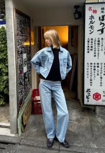 Блестящие прямые широкие штанины с высокой талией Bershka, Light Blue