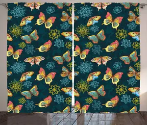 Шторы ABAKUHAUS в деревенском стиле с цветочным рисунком, бабочки и цветы, универсальные ленточные шторы для гостиной с петлями и крючками, 280 x 245 см, желто-голубой петролеум Abakuhaus