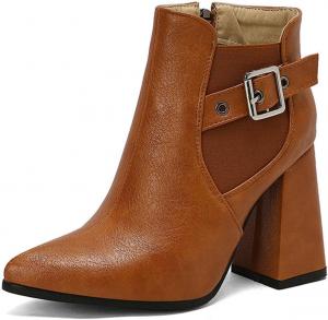 Женские ботильоны с острым носком и массивным каблуком, удобные, на высокой подошве, с боковой молнией и металлической пряжкой в западном стиле KYOESCAI, Brown