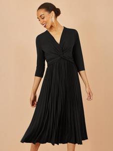 Вязаное платье миди с плиссированной юбкой и поясом Yumi, Black