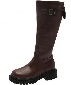 Ботинки с круглым носком для женщин: модные высокие сапоги до колена на платформе с массивной подошвой, удобные с боковой молнией, широкие голенища, для походов, вечеринок и свадеб Generic, Brown