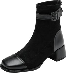 Элегантные женские ботильоны с модным квадратным носком, стильной металлической пряжкой и застежкой-молнией XIEPP, Black