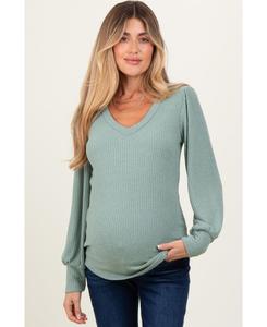 Топ для беременных из светло-оливкового ребристого трикотажа с V-образным вырезом и манжетами на пуговицах Pinkblush, Light olive