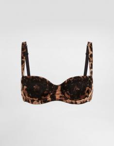 Атласный бюстгальтер-балконет с леопардовым принтом и кружевной отделкой Dolce & Gabbana, мультиколор