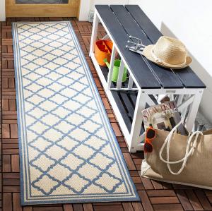 Ковер SAFAVIEH, 67 x 366 см, Beach House Collection Cream/Blue BHS121N Moroccan Trellis Geometric для помещений и улицы, без линьки, для патио, заднего двора, крыльца, террасы, прихожей
