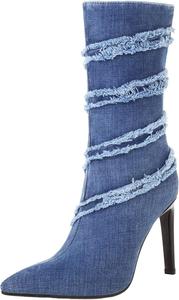 Женская мода LYYSKY: джинсовые ботильоны на высоком каблуке с заостренным носком, короткие стильные ботинки, Blue(201)