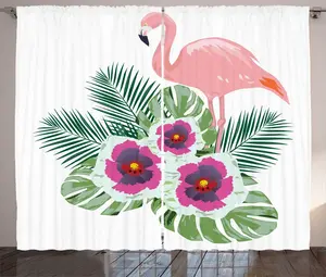 Штора ABAKUHAUS "Гибискус в деревенском стиле", тропический букет "Фламинго", универсальная ленточная штора для гостиной с петлями и крючками, 280 x 225 см, белый, разноцветный Abakuhaus