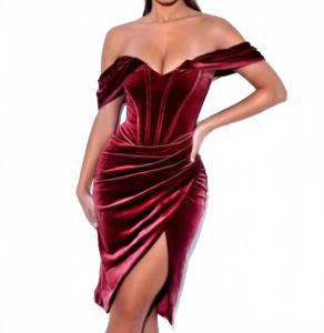 Бордовое бархатное платье-корсет с драпировкой миди и открытыми плечами Miss Circle
