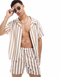 Рубашка Boss coord в полоску с короткими рукавами бежевого и белого цветов