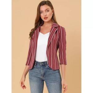 Женский полосатый пиджак с открытым передом и рукавами 3/4 ALLEGRA K, темно-розовый