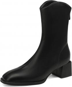 Женские зимние ботильоны на низком каблуке с квадратным носком и задней молнией из искусственной кожи Muliumixue, Black