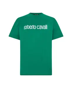 Футболка с надписью, круглым вырезом и короткими рукавами. Roberto Cavalli, зеленый