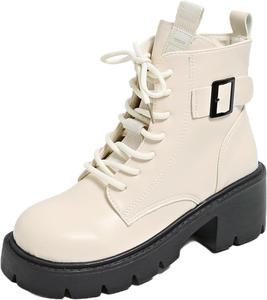 Женские платформенные боевые ботинки с пряжкой, шнуровкой, боковой молнией, грубой подошвой, ботильоны, обувь для рейва, панк ботинки Generic, Beige