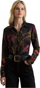 Женская рубашка Petite Classic Fit с принтом пояса и атласом Lauren Ralph Lauren, Black Multi