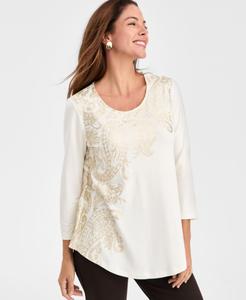 Женская блузка с принтом, круглым вырезом и рукавами 3/4 JM Collection, Whisper White Combo