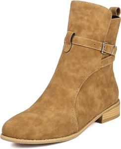 Женские повседневные ботильоны на низком каблуке с круглым носком и пряжкой, стиль Western, осенние короткие ботинки JOEUSTY, Brown