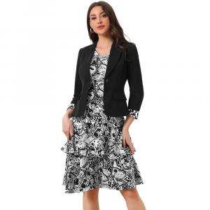Жен. Рабочий лук С принтом Комплекты из 2 предметов Шифоновый пиджак с V-образным вырезом и контрастной вставкой Платье ALLEGRA K, цвет Black White