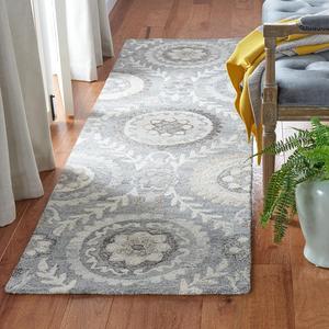 Ковер-дорожка SAFAVIEH, 69 x 366 см, Suzani Collection, Grey, ручная работа, бохо из шерсти, идеально для помещений с высокой проходимостью в гостиной, спальне (SZN334F)