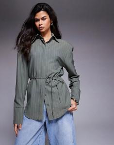 Рубашка ASOS DESIGN с подплечниками и завязками на спине в зеленую полоску