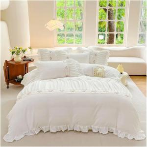 KYTGFH Комплект постельного белья бархатный флис с плиссированными кружевными рюшами White