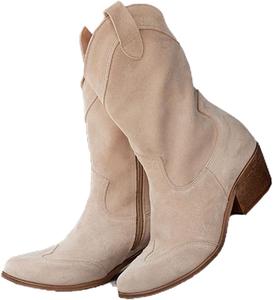 Женские ковбойские ботильоны до середины икры, короткие ковбойские ботинки, элегантные замшевые с заостренным носком, низкий каблук, модные ботильоны Generic, A-Beige