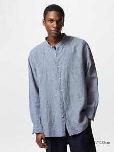 Рубашка из 100% льна премиум-класса воротник-стойка, Uniqlo, цвет 65 синий