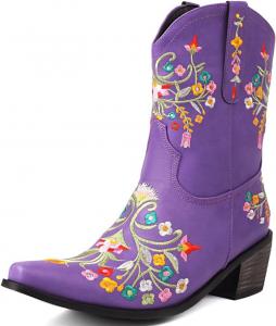 Женские ковбойские ботинки YIYA с цветочной вышивкой, ботильоны в западном стиле с цветочным узором, заостренным носком, на устойчивом каблуке, без застежки, Purple