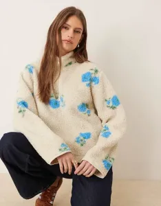 Бежевая куртка Тедди с цветочным принтом и полумолнией JJXX