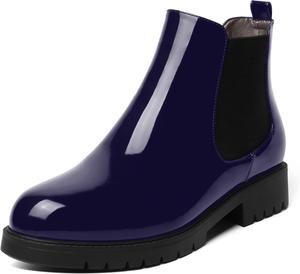 Женские ботинки AMBELIGHT с круглым носком из лакированной кожи, на повседневной плоской подошве, с эластичной массивной низкой танкеткой, ботильоны с высотой каблука 1,5 дюйма, Navy Blue Black