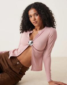 Топ с длинными рукавами и разрезами ASOS DESIGN нежно-розового цвета с ребристой вязкой