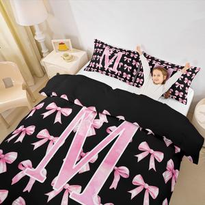 Erosebridal Комплект постельного белья для девочек с розово-черным принтом и монограммой M в стиле кокет, Pink and Black M